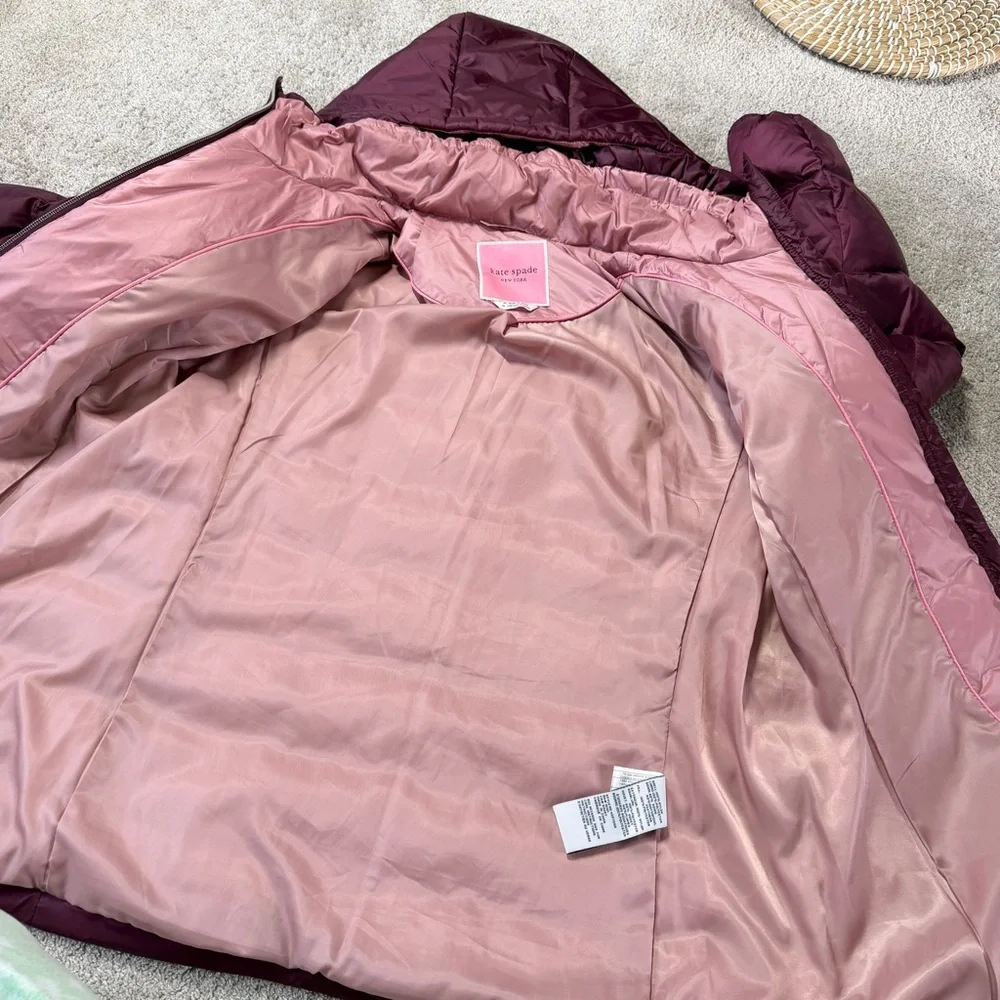 Kate Spade Women’s Untrimmed Down Puffer Coat Jacket Full Zip Hooded Red Wine M